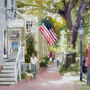 Nantucket painting, Nantucket art, Nantucket watercolor, cityscape, American Flag, New England street scene