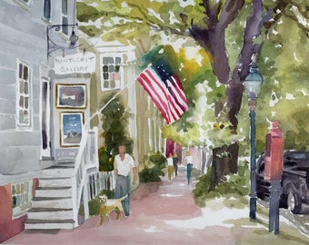 Nantucket painting, Nantucket art, Nantucket watercolor, cityscape, American Flag, New England street scene