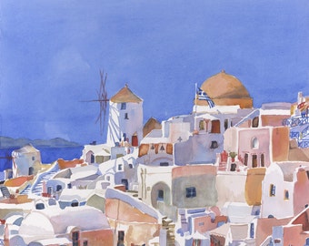 Painting of Santorini, Santorini Greece, Santorini watercolor art, Greek Isles art, Greek Flag painting, Oia Santorini painting