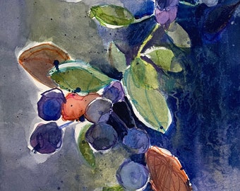 Framed Original Watercolor of Blueberry Bush, Framed Watercolor of Blueberries, Framed Original Watercolor, Framed Botanical Watercolor