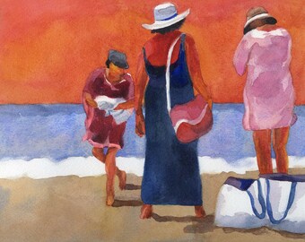 Painting of Women on the Beach, Watercolor Painting of Women, beach house art, coastal art, orange and blue painting