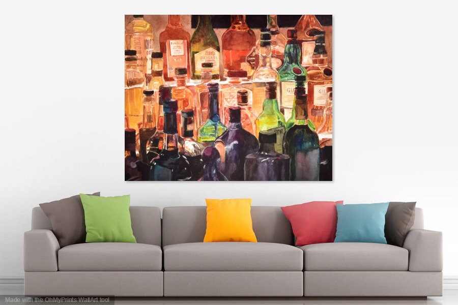 Liquor Bottle Painting, Whiskey Bottles Painting, Inn at Pound Ridge, Man Cave Art, Bar Painting