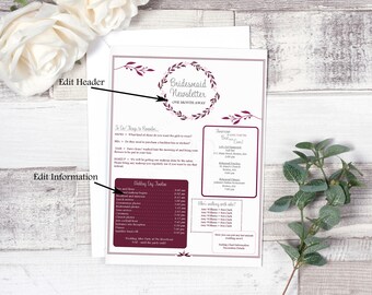 Nyhetsbrev för brudtärnor. Vinträdgård. Layout 4. Direkt nedladdning. Bröllopsnyhetsbrev. Redigerbart.