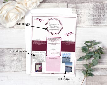 Nyhetsbrev för brudtärnor. Vinträdgård. Layout 2. Direkt nedladdning. Bröllopsnyhetsbrev. Redigerbart.