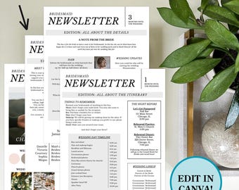 Paket med nyhetsbrev för brudtärnor. Vit minimalistisk. Nyhetsbrev för brudtärnor. Bröllopstidslinje. Redigerbar. Frågar brudtärnor. Canva