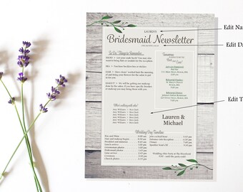 Bröllopsnyhetsbrev. Rustik kärlek. Layout 3. Direkt nedladdning. Bröllopstidslinje. Redigerbar