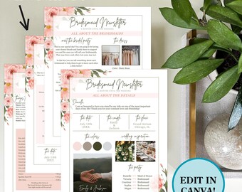 Paket med nyhetsbrev för brudtärnor. Rodnande blommor. Nyhetsbrev för brudtärnor. Bröllopstidslinje. Redigerbar. Frågar brudtärnor. Canva