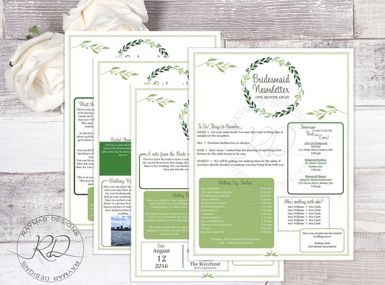 Bridesmaid Newsletter Package. Garden. Instant Download. Etsy