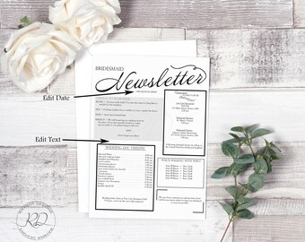 Nyhetsbrev för brudtärnor. Graciös kärlek. Layout 1. Direkt nedladdning. Bröllopsnyhetsbrev. Redigerbart.