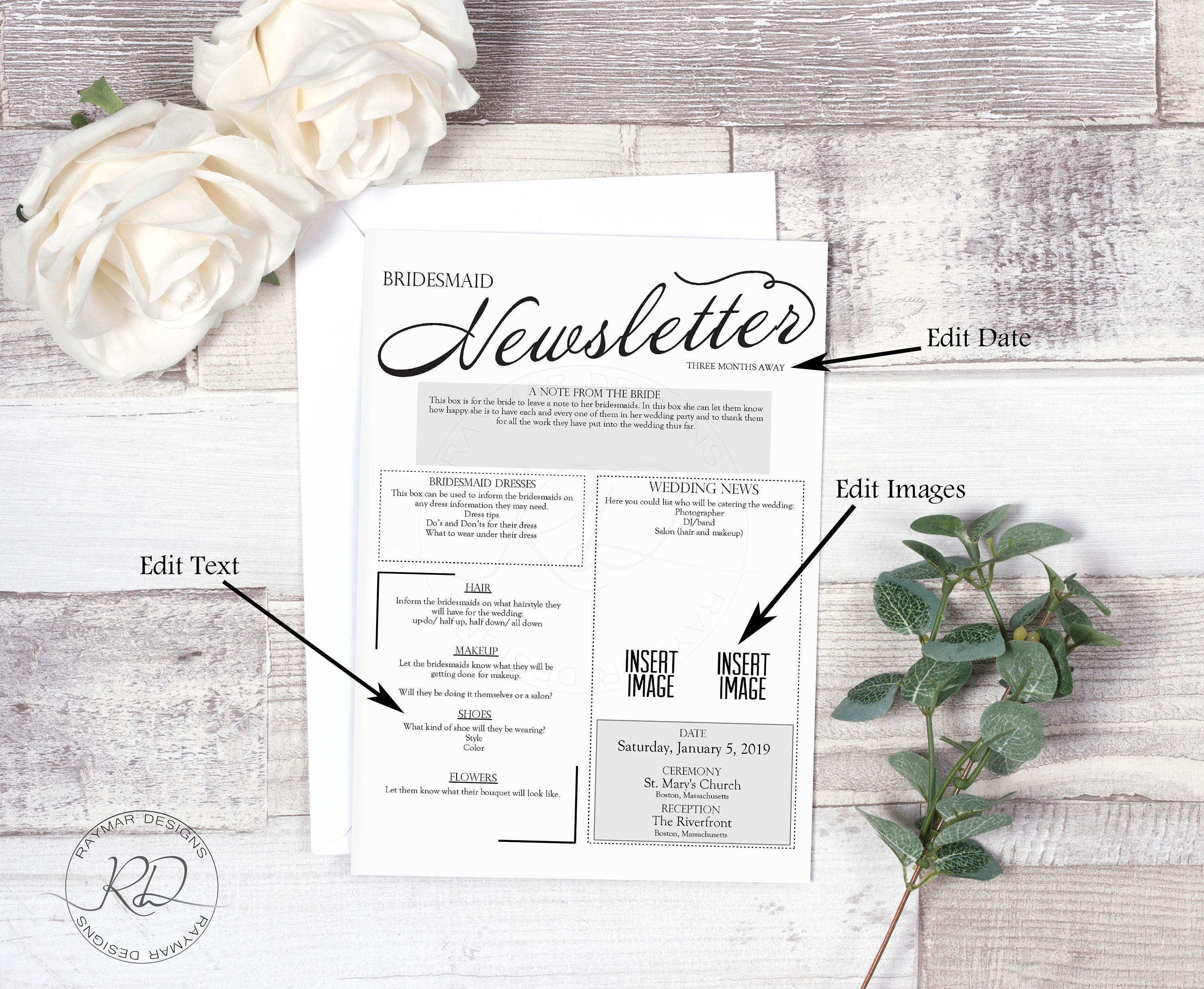 Bridesmaid Newsletter. Graceful Love. Layout 3. Instant Download