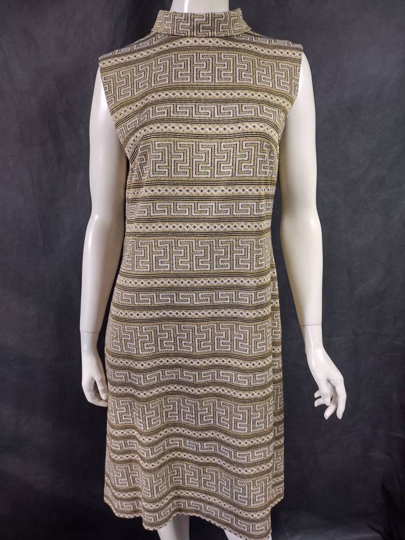 Vintage 1960's DL BARRON Gold Lurex Crimplene Courtelle Mod Shift Dress in Aztec Design Size Medium 10 12 Space Age Courreges Style image 2