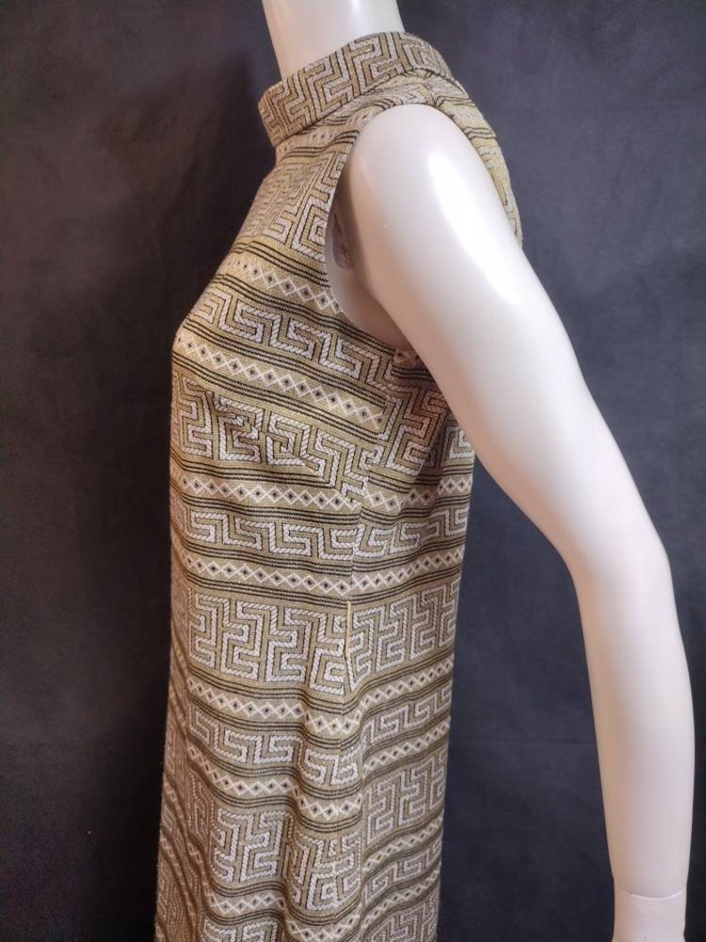 Vintage 1960's DL BARRON Gold Lurex Crimplene Courtelle Mod Shift Dress in Aztec Design Size Medium 10 12 Space Age Courreges Style image 4