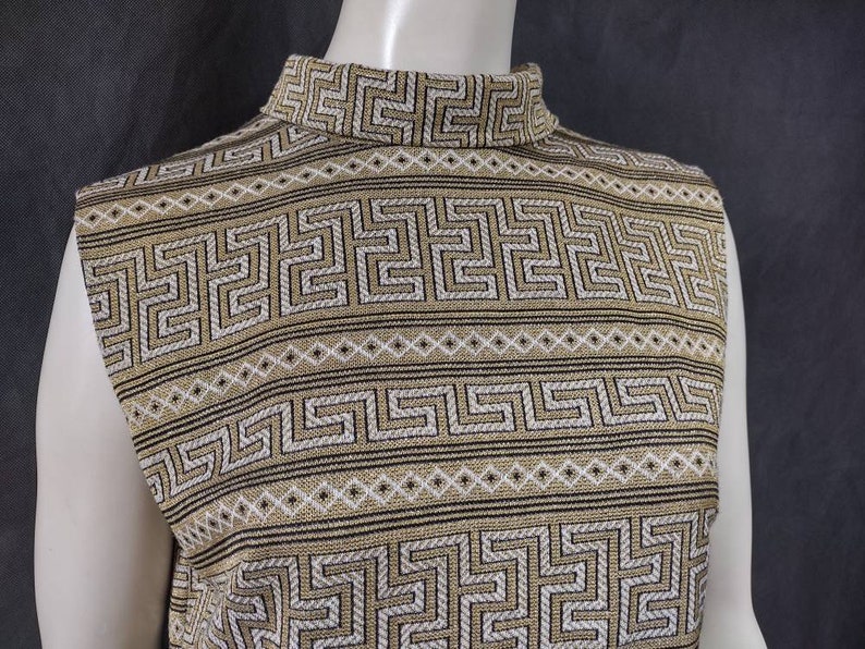 Vintage 1960's DL BARRON Gold Lurex Crimplene Courtelle Mod Shift Dress in Aztec Design Size Medium 10 12 Space Age Courreges Style image 9