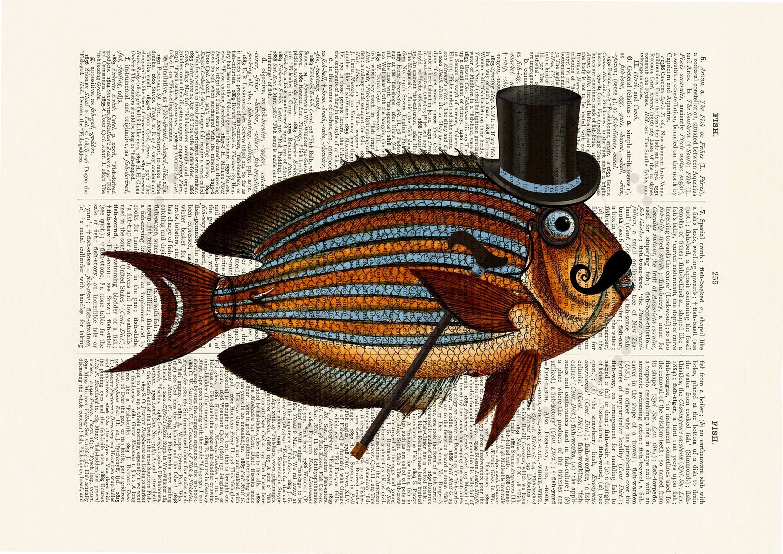 Fish in Top Hat With Moustache and Cane Art Print Stripey Etsy
