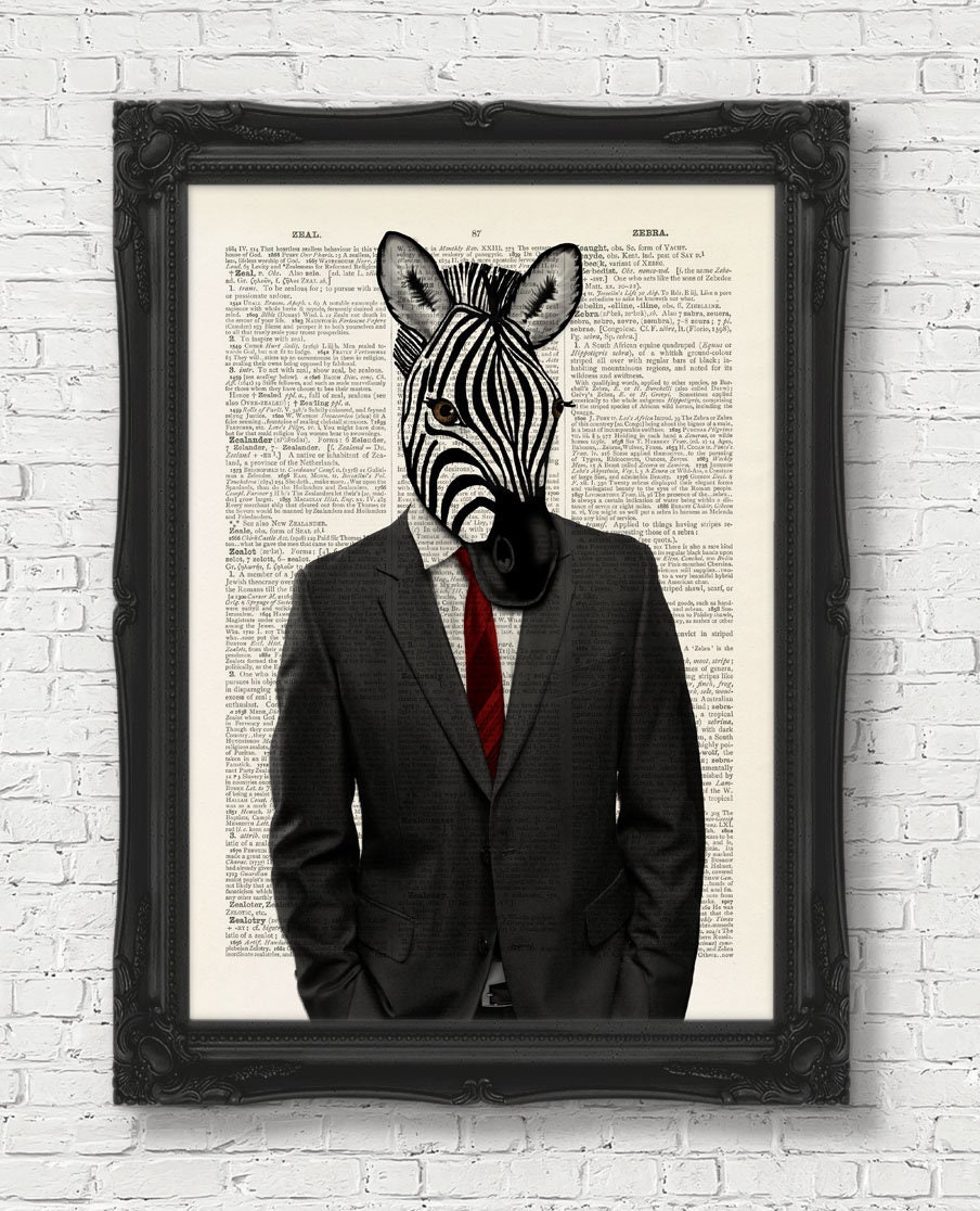 A4 Zebra Gentleman Art Print Quirky Animal Art Print Wall Art Etsy UK