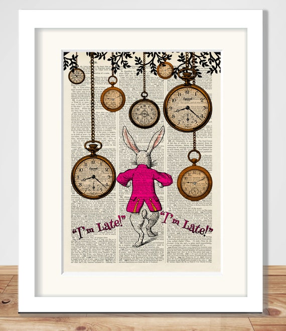 Antique Book page Art Print Alice in Wonderland White Rabbit Nursery Wall Art