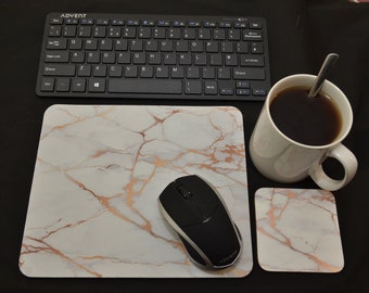 MOUSE PAD & Coaster Set. Faux Rose Gold Marble Pattern. Desk Decor. PC Computer Accessory. Birthday Coworker Gift