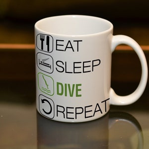 EAT SLEEP Diving Repeat Sublimation Printed Personalised Mug. Add a Name or Message and Text Style to Create a Special Gift Diver Dive
