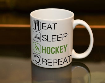 EAT SLEEP Hockey Player Repeat Ceramic Sublimation Mug. Fan Birthday Gift Personlise and Add a Name or Message and Text Style