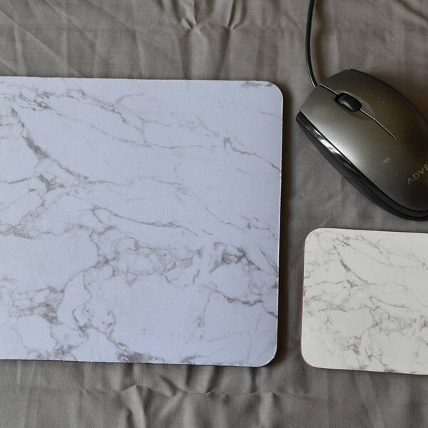 MOUSE MAT Pad & Coaster Set Faux White Marble Sublimation Desk Decor PC Computer Accessory Graduation Qualified Birthday Coworker Gift