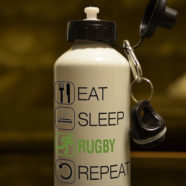RUGBY GIFT.  Eat Sleep Rugby Printed 500ml Water Bottle. Birthday Gift Sports Accessory Personalised With Your Choice of Name / Message WHT