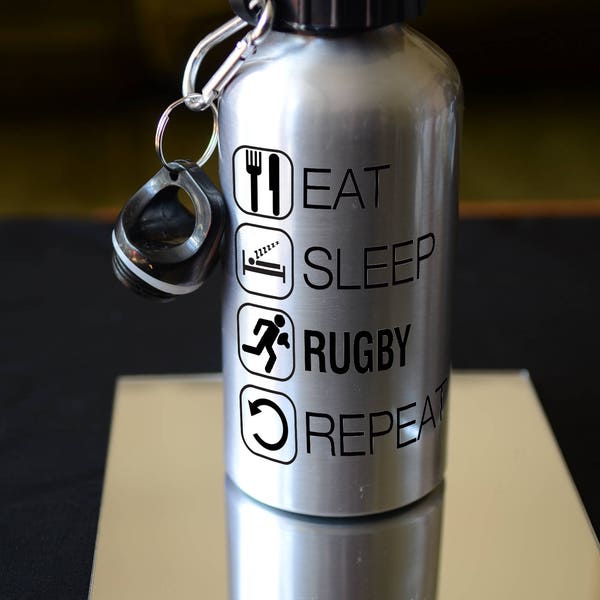 RUGBY GIFT. Eat Sleep Rugby Sublimation Printed 500ml Water Bottle. Personalised Birthday Gift. Sports Accessory. Cold Drinks SVR