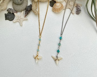 Genuine shark tooth lariat necklace, Beaded gemstone lariat, mermaid necklace, beachy summer necklace, White shark teeth