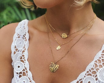Monstera leaf necklace, 24k gold plated monstera leaf, tropical leaf necklace