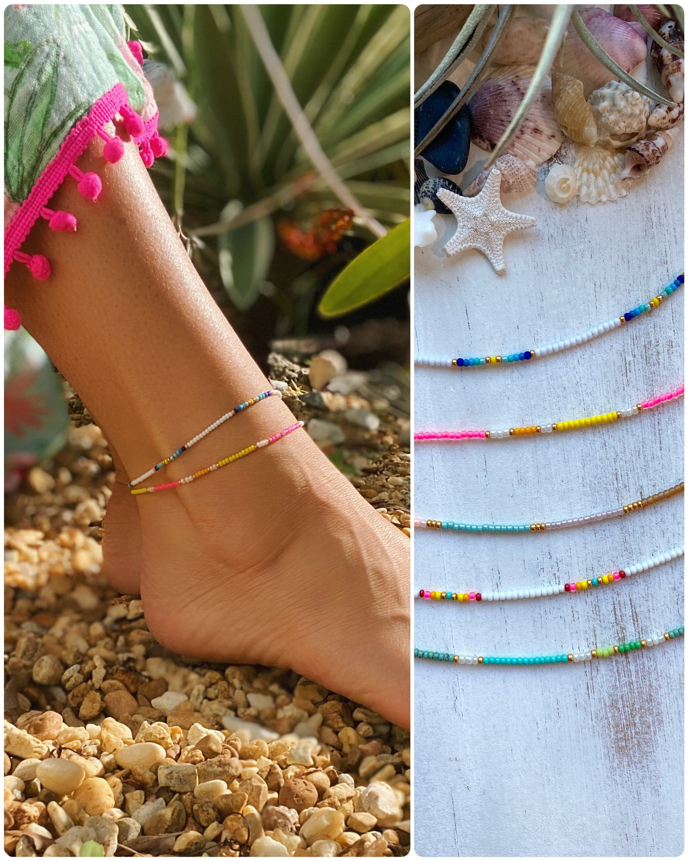 Seed bead anklet Waxed cord adjustable Summer Anklet Beachy Etsy