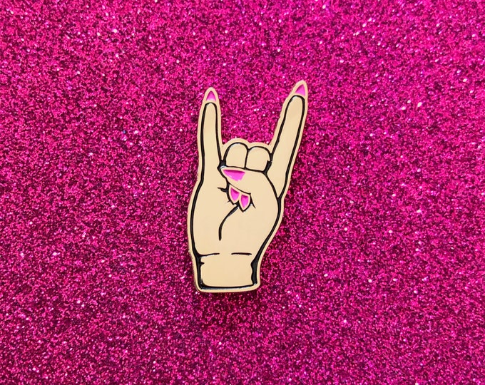 Devil Horns Pin - Gold w/ Pink Nails