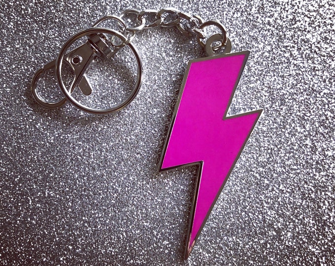 Lightning Bolt Keychain - Solid Hot Pink & Silver