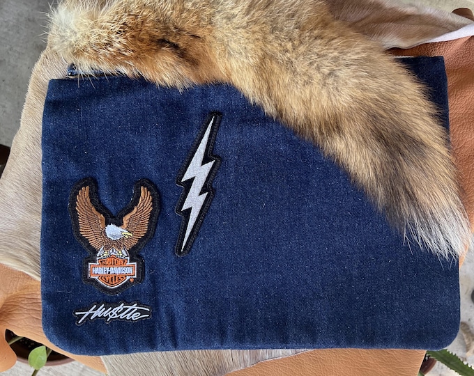 Denim Clutch with Fox Tail
