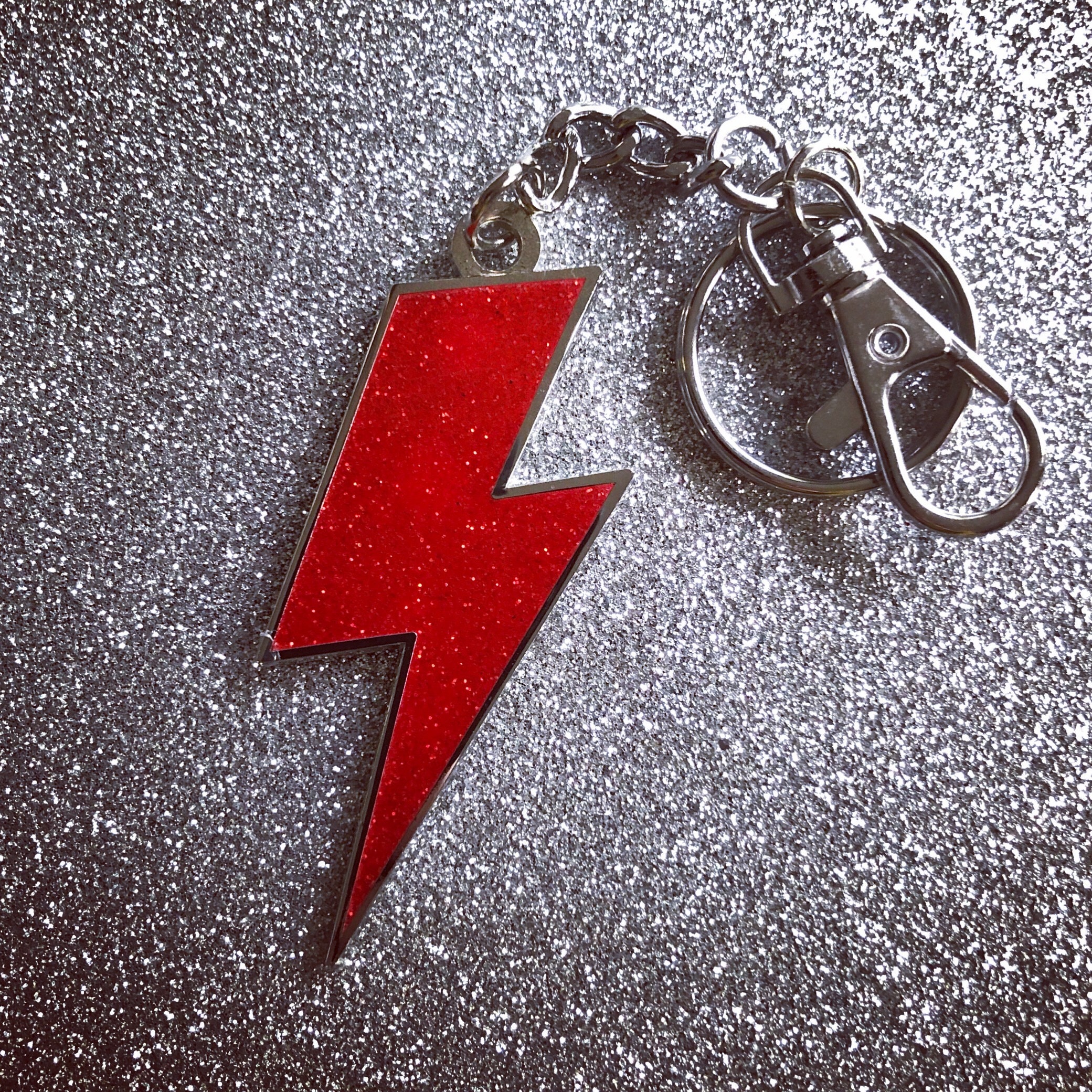 Lightning Bolt Keychain Red Glitter & Silver Etsy
