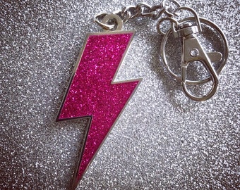Lightning Bolt Keychain – Pink Glitter with Silver Metal Rock-n-Roll Accessory | TN’L Powerage