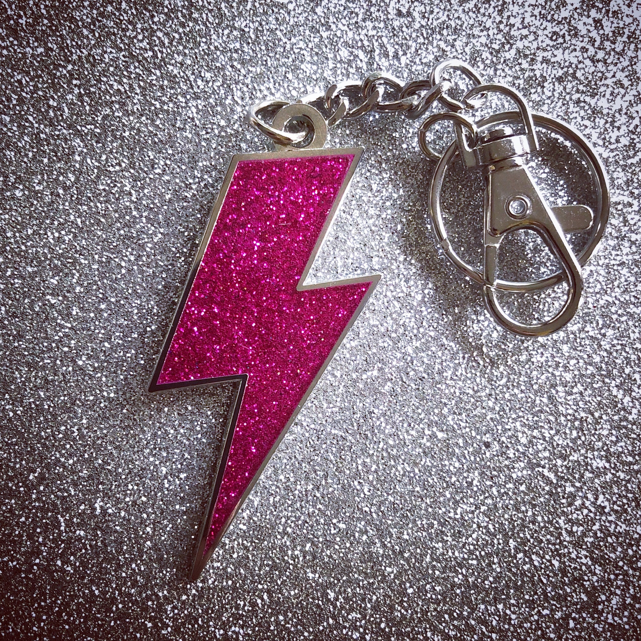 Lightning Bolt Keychain Pink Glitter & Silver Etsy