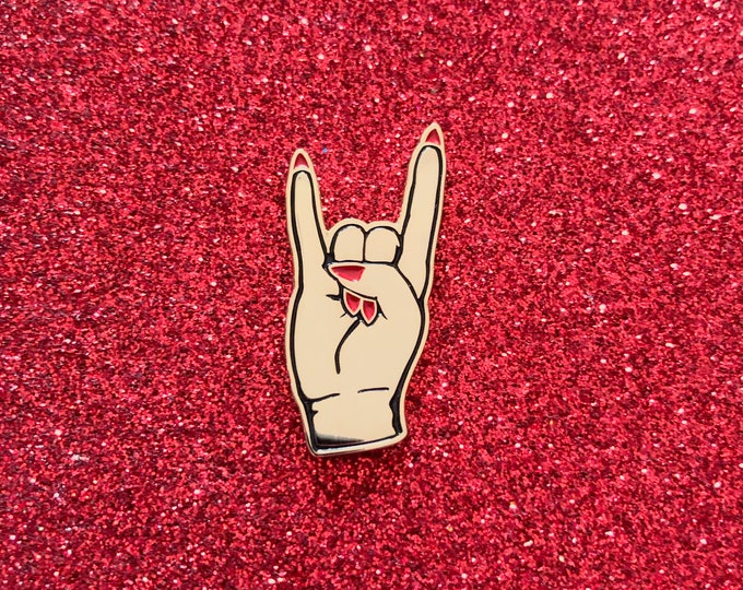 Devil Horns Pin - Gold w/ Red Nails