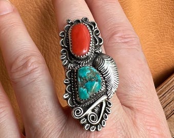 Vintage Turquoise & Coral Statement Ring