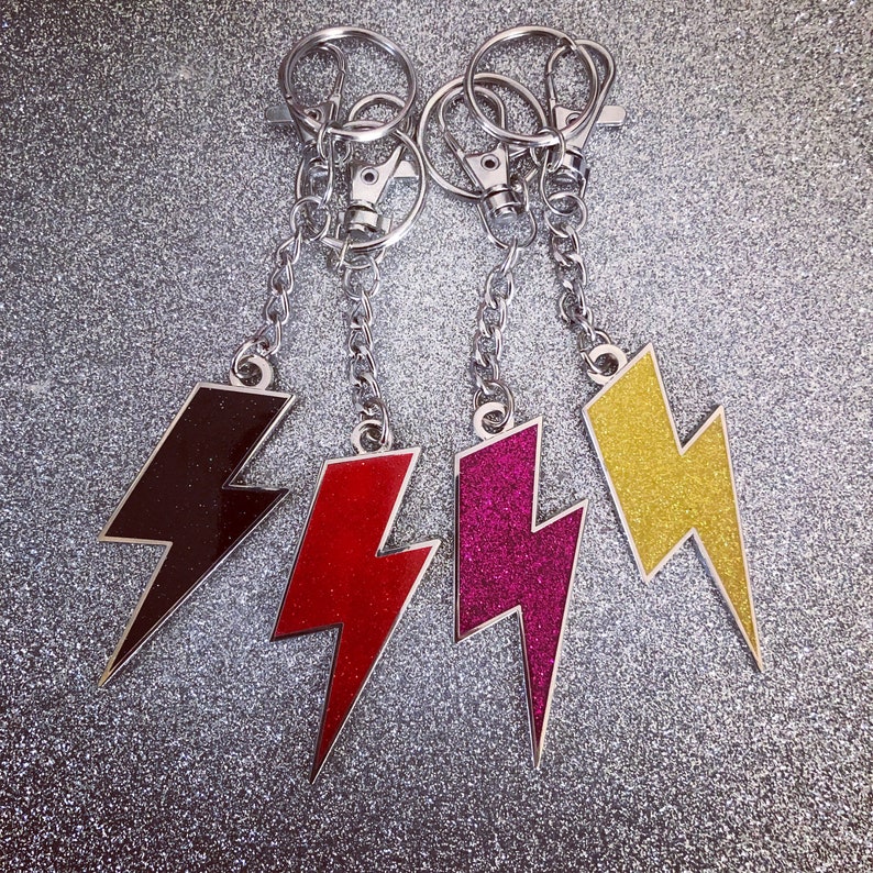Lightning Bolt Keychain Red Glitter & Silver Etsy