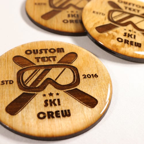 Unfinished Skis 1 3.5 Round Wood Coasters Add your own text! CUSTOM Ski Logo Coasters 