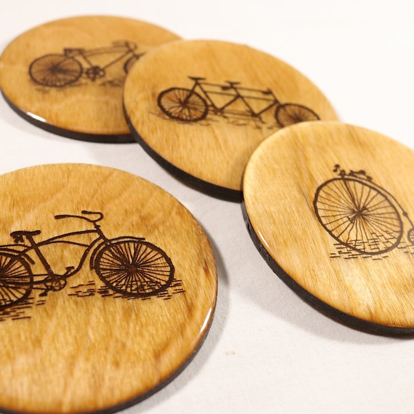 SET OF 4 Hand Drawn Vintage Bicycle Coasters - Unique Hand Made Biking Inspired Barware - Creative Home Decor - Special Biking Home Decor