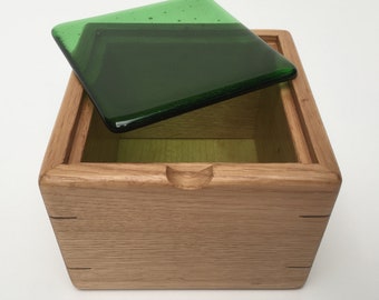 Jewellery box with bright green glass lid. Available in iroko, oak or cherry.