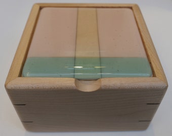 Jewellery box with salmon pink and stripe, kiln formed glass lid.