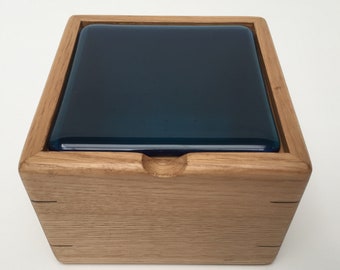 Jewellery box with bright blue kiln formed glass lid.