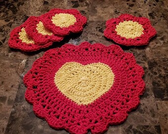 Rood en geel middelpunt en 4 onderzetters