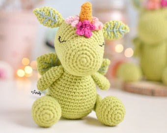 Knitting pattern-guide in SPANISH/ENGLISH to make an amigurumi dragon called Fushu, enchanted forest dragon, amigurumi dragon