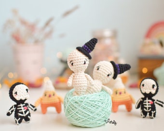 Combo 3 Halloween amigurumi patterns in SPANISH/ENGLISH, ghost pattern, skeleton pattern and candy corn pattern, Halloween amigurumi patterns