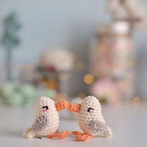 Puede incluir: Dos pájaros de ganchillo hechos a mano en un abrazo amoroso. Los pájaros son de color blanquecino con alas grises, picos y patas naranjas y ojos negros. El fondo está borroso, con colores suaves y luces bokeh.