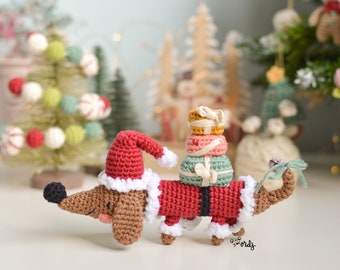 Spanish/English Dog Santa amigurumi pattern, amigurumi knitting guide to make Santa dog, Santa dachshund, Christmas pattern