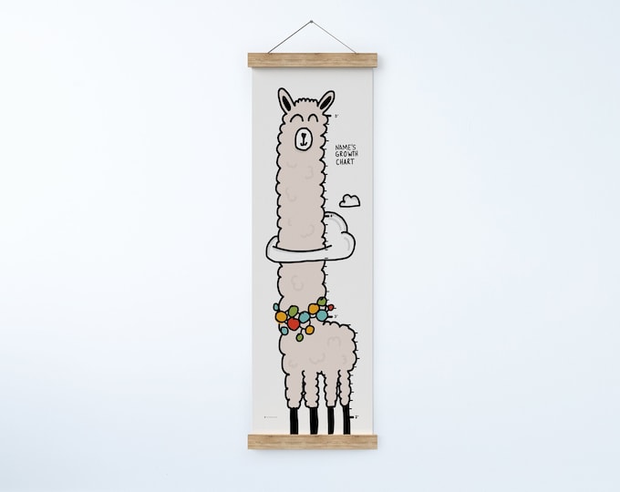 Featured listing image: Personalized Gift for babies and toddlers. Llama Growth Chart for kids. Alpaca Canvas Height Chart for children's room.