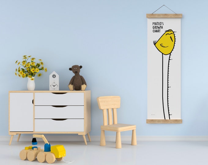 Featured listing image: Little Bird Growth Chart for kids . Personalized Height Chart for children's room. "The yellow fella" Unique illustration Gift for kids.